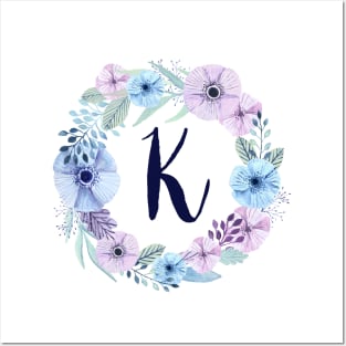 Floral Monogram K Icy Winter Blossoms Posters and Art